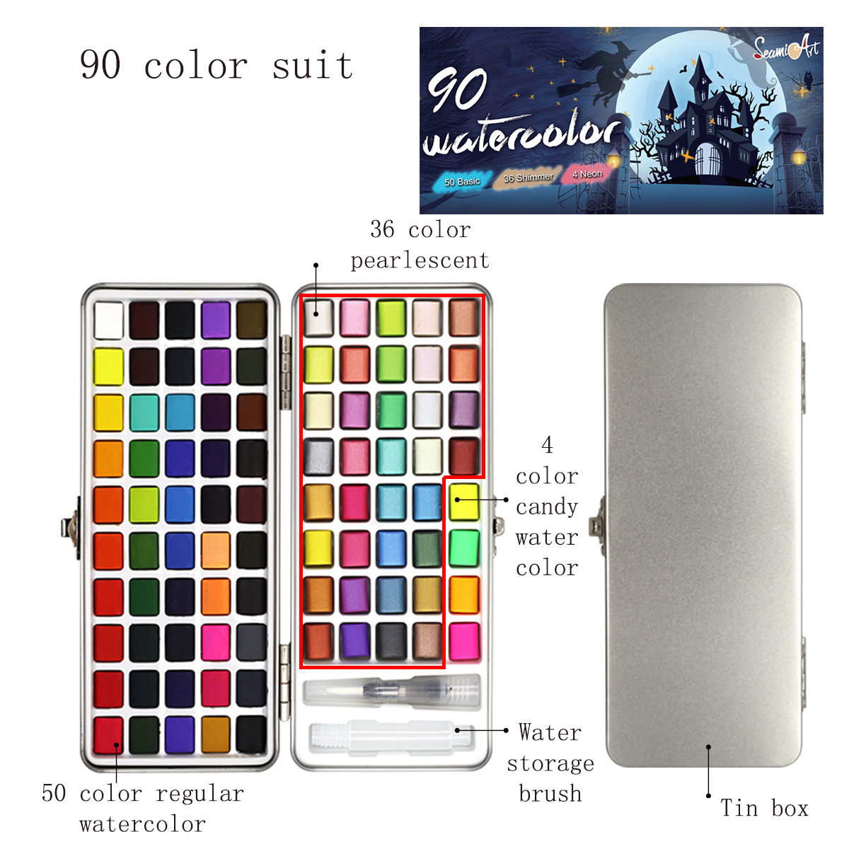 Portable pearlescent fluorescent concentrated solid watercolor paint set