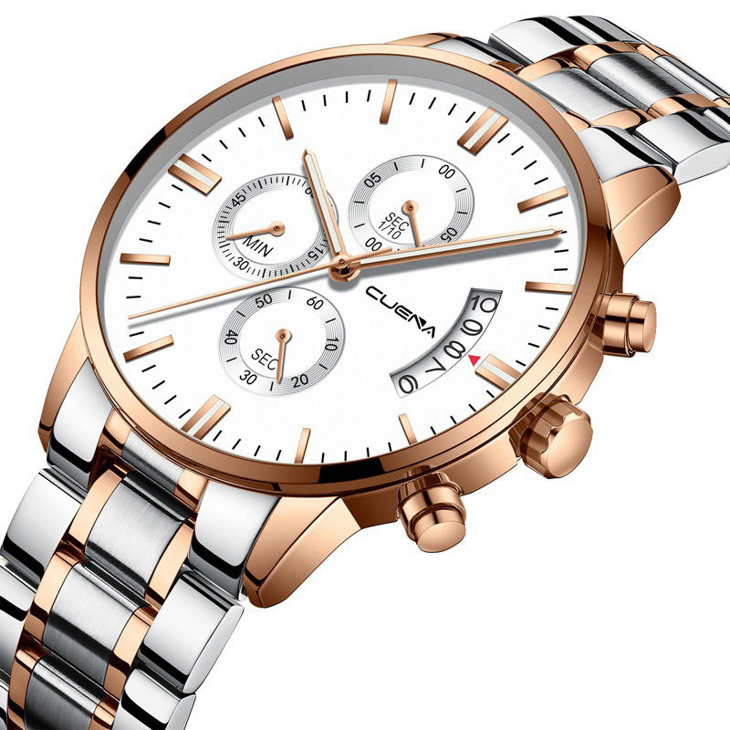 Business style all-match fake three-eye with calendar steel band quartz watch