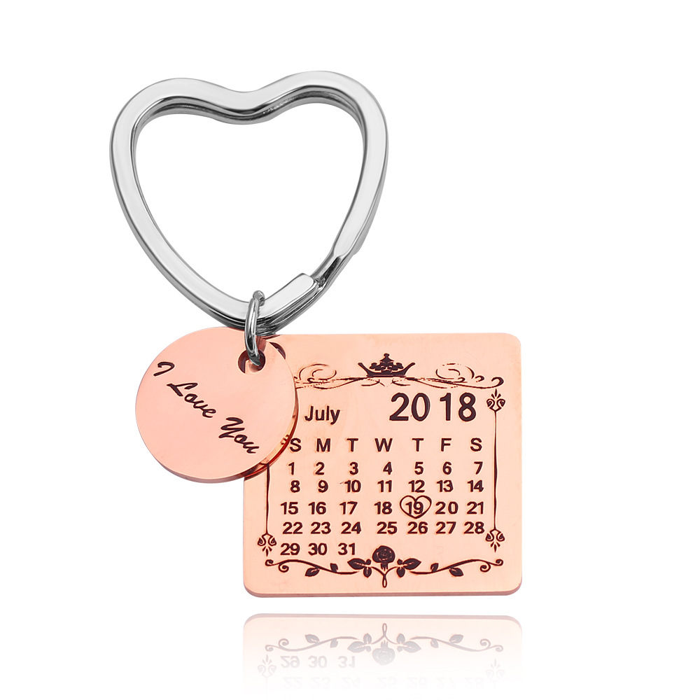 Personalized Calendar Key Chain Custom Gift Engraved Heart Date Name Stainless Steel Key Ring Gifts For Anniversary Birthday