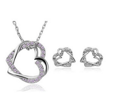 Fashion Jewelry Factory Jewelry Customized Double Diamond Heart Necklace Earring Set