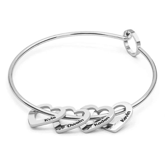 Stainless Steel Bangle Letter Personalized Bracelets with Hearts Customized Engraved Names Bracelets