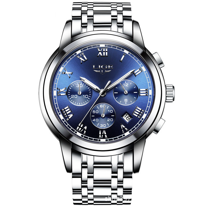 Foreign Trade Men's Watch LIGE Brand Sports Business Waterproof Multi-function Three-eye Chronograph