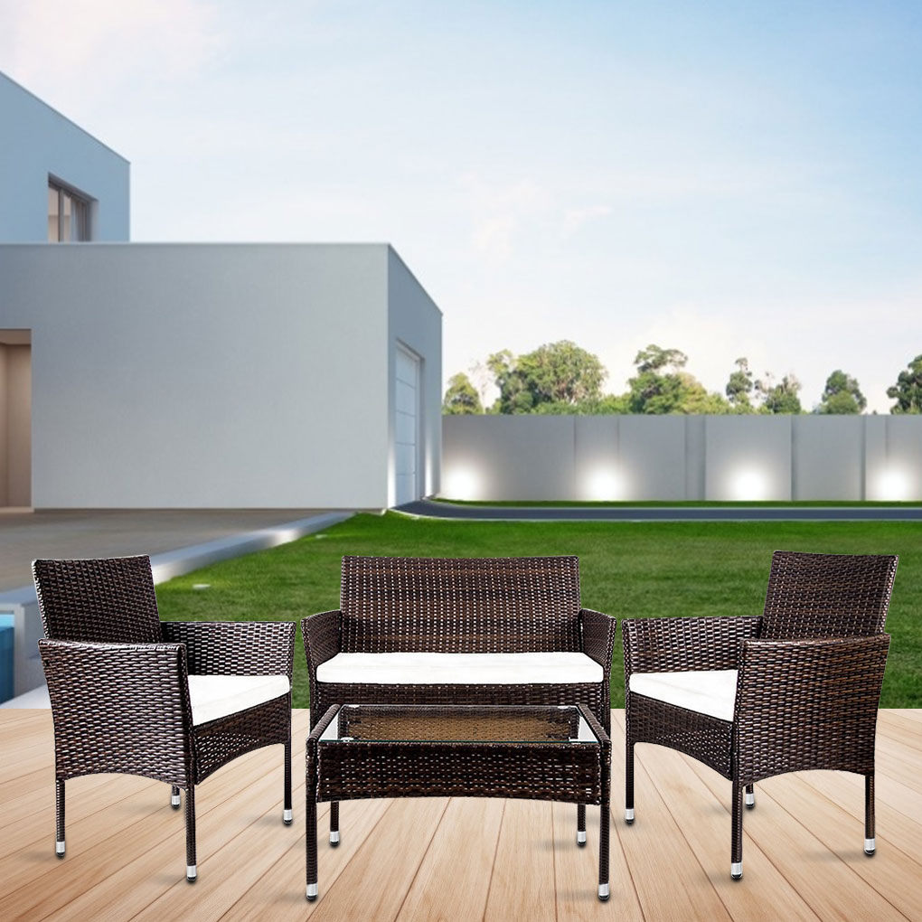 4 PCS Outdoor Garden Rattan Patio Furniture Set Backyard Cushioned Seat Wicker Sofa Kit Brown