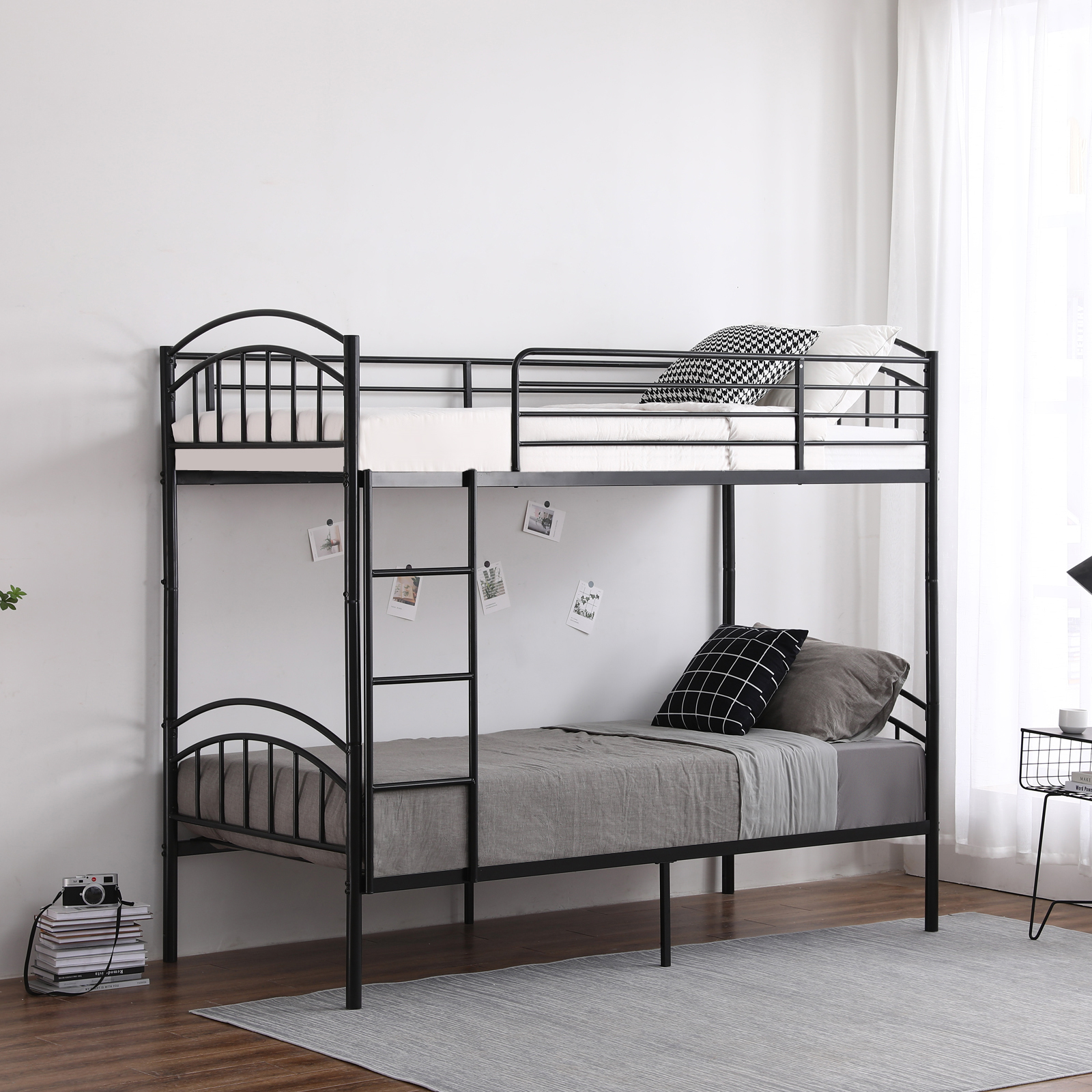Double Round Column Head and Tail Curved Vertical Pipe Decorative Horizontal Pipe Side Guardrail 3FT Black Iron Bed