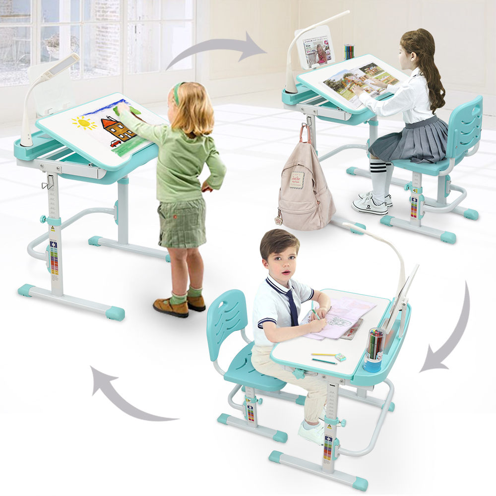 70CM Lifting Table Can Tilt Children Learning Table And Chair Blue-Green (With Reading Stand With USB Table Lamp)