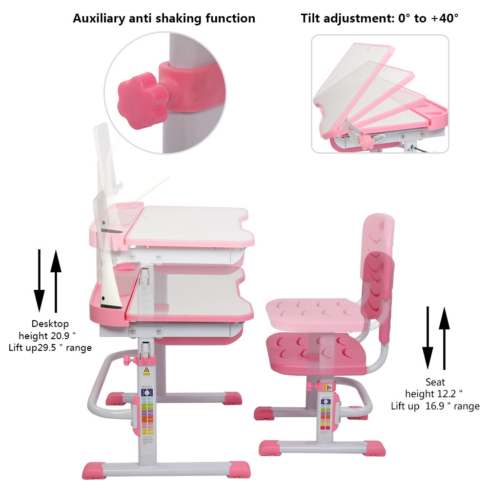 70CM Lifting Table Can Tilt Children Learning Table And Chair Pink (With Reading Stand With USB Table Lamp)