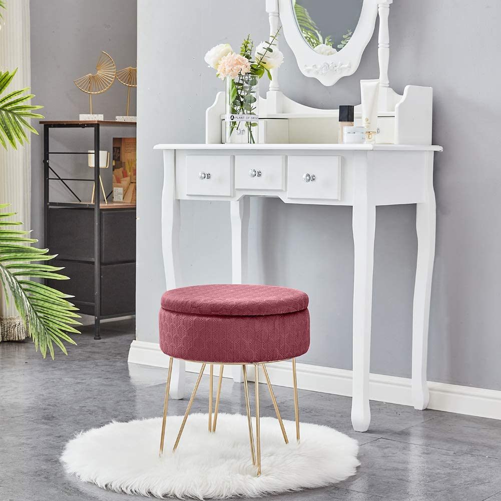Velvet Round Footrest Stool Ottoman, Modern Upholstered Vanity Pouffe Stool Storage Function Side Table Seat Dressing Chair for Bedroom Living Room （Pink）