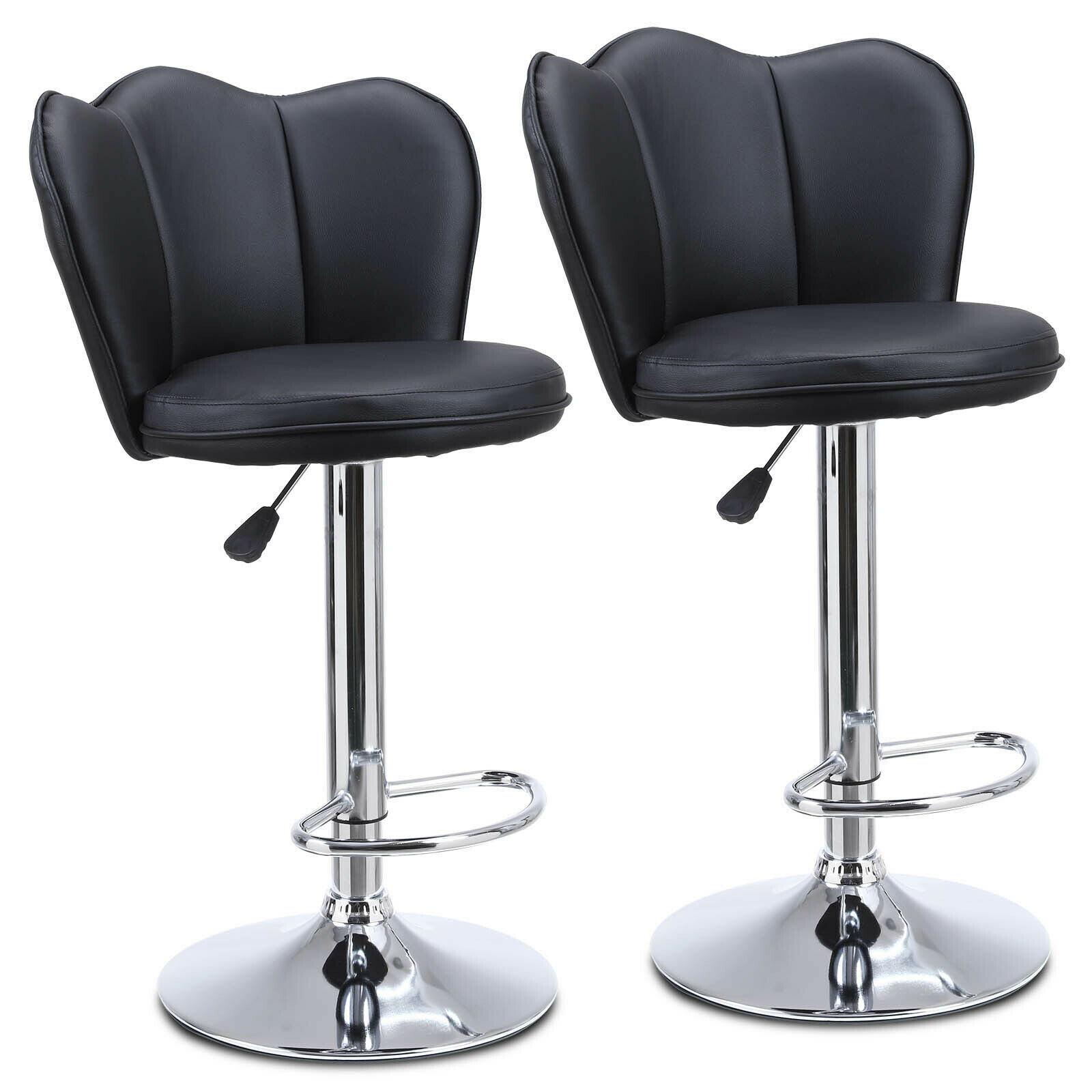 Modern Set of 2 Bar Stools with Back Dining Counter PU Chairs 360° Swivel Stool Black