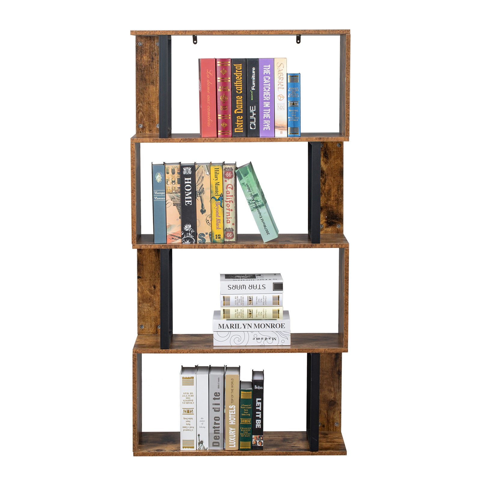 Bookcase and Bookshelf 4 Tier Display Shelf, S-Shaped Z-Shelf Bookshelves, Freestanding Multifunctional Decorative Storage Shelving for Home Office, Vintage Brown Industrial Style