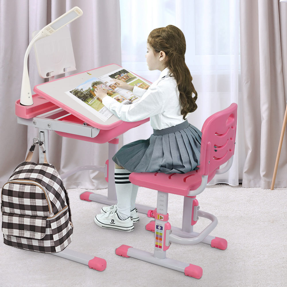 70CM Lifting Table Can Tilt Children Learning Table And Chair Pink (With Reading Stand With USB Table Lamp)