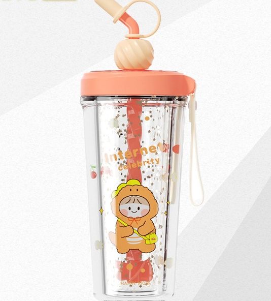 Summer Water Cup Female Cartoon Straw Cup Ins Men's Milk Tea Student Rope Hand Cup
