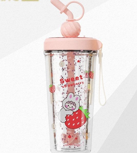 Summer Water Cup Female Cartoon Straw Cup Ins Men's Milk Tea Student Rope Hand Cup