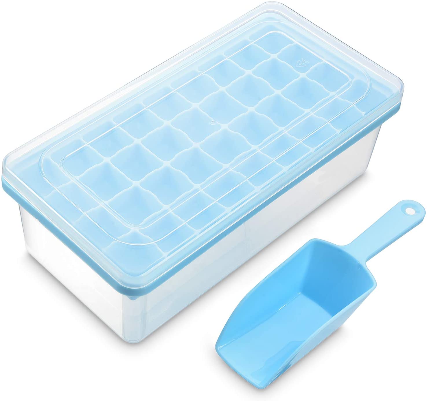 Ice Cube Tray With Lid and Bin - Silicone Ice Tray For Freezer | Comes with Ice Container, Scoop and Cover | Good Size Ice Bucket
