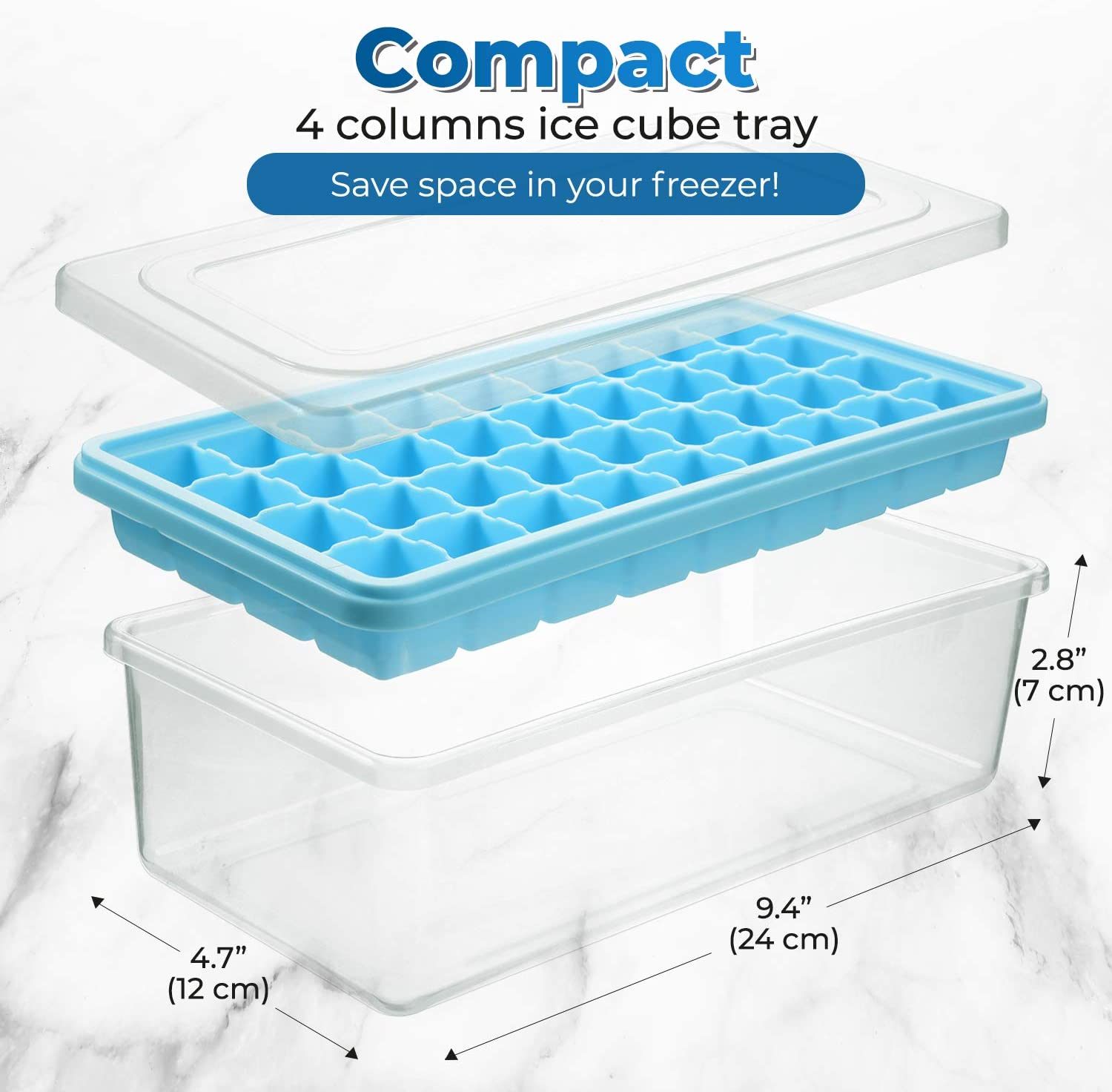 Ice Cube Tray With Lid and Bin - Silicone Ice Tray For Freezer | Comes with Ice Container, Scoop and Cover | Good Size Ice Bucket