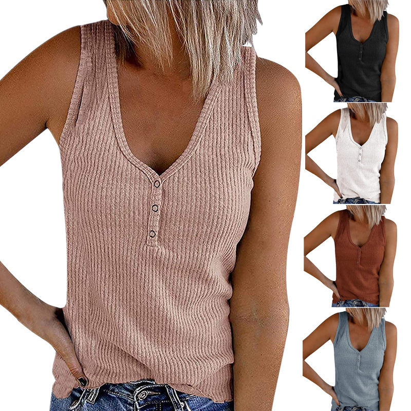 Ladies Button Vest Solid Color V-neck Sleeveless T-Shirt Top
