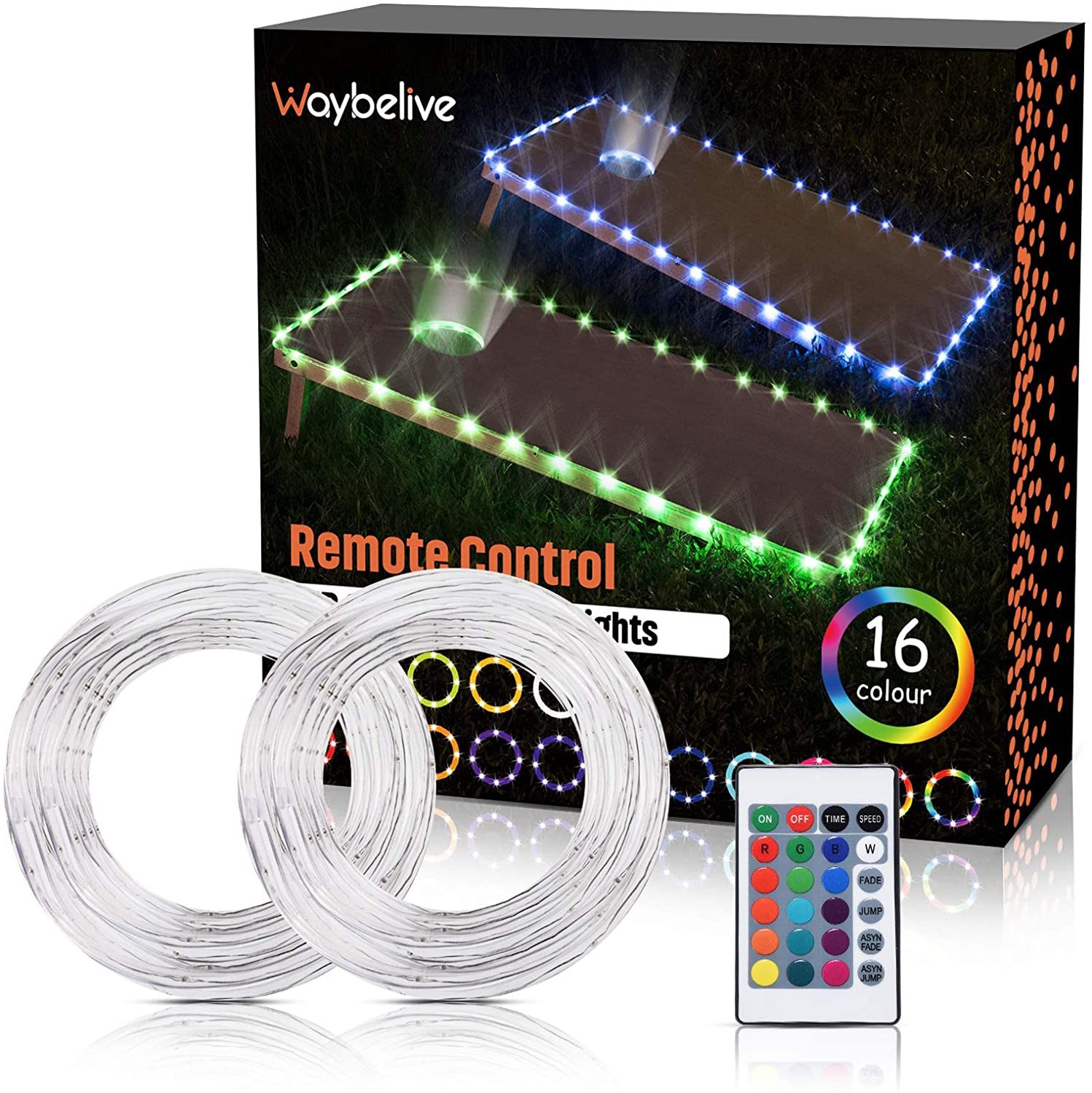 LED Cornhole Lights, Remote Control Cornhole Board Edge and Ring LED Lights, 16Color change by yourself, a great addition for playing Bean Bag Toss Cornhole game at the family backyard at night