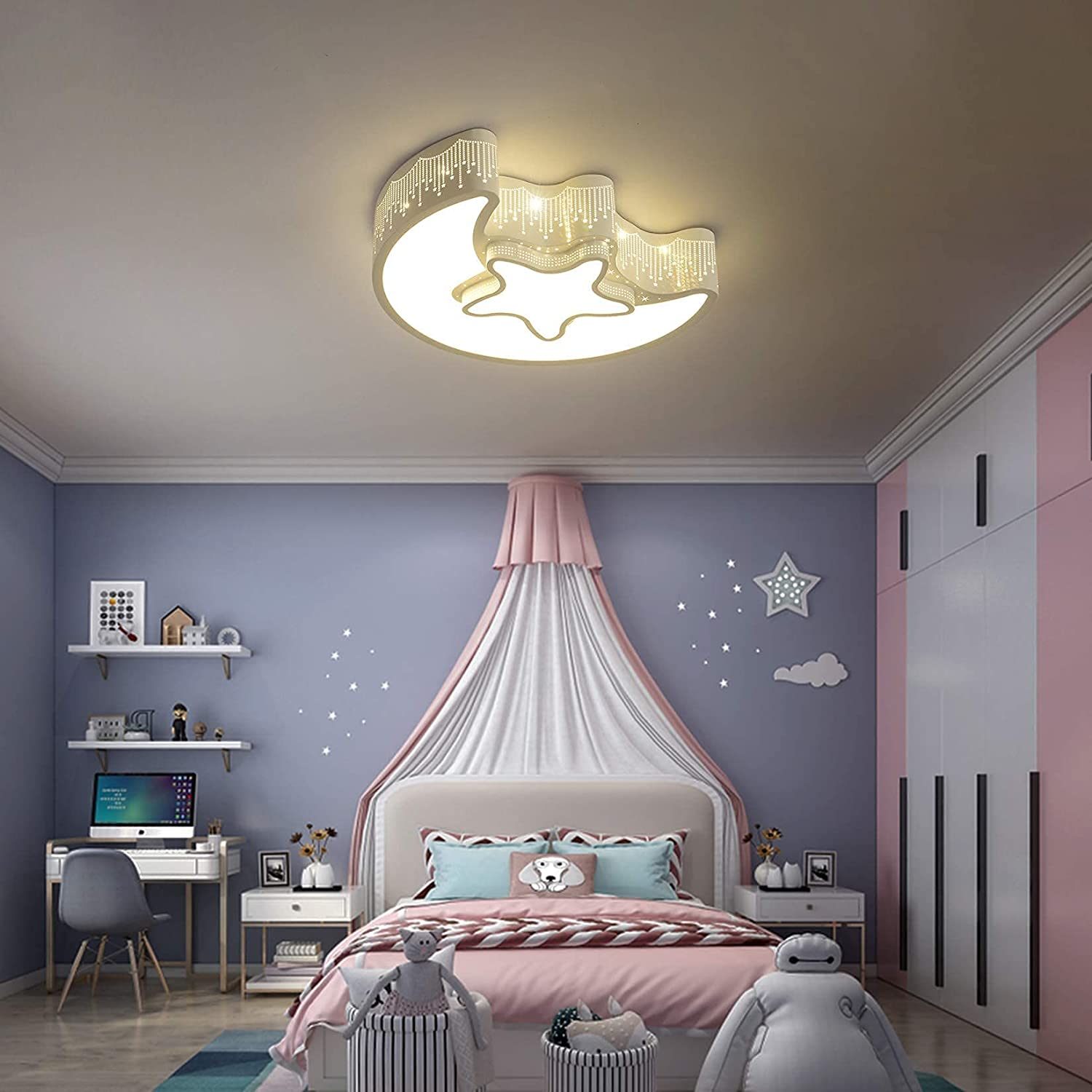 Close to Ceiling Light fixtures Modern Girl’s Bedroom Ceiling Light Metal Chandeliers Moon Star Shape Lighting for Bedroom Kids Room