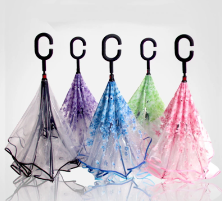 Transparent Reverse Umbrella Double Layer Cherry Blossoms Inverted Umbrella Rain Women C Hook Windproof