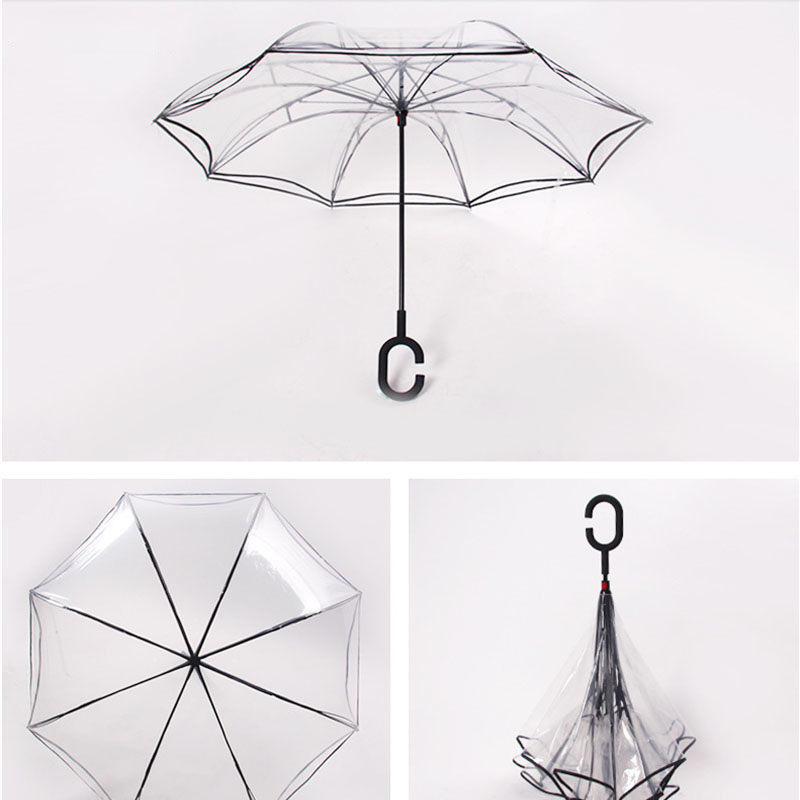 Transparent Reverse Umbrella Double Layer Cherry Blossoms Inverted Umbrella Rain Women C Hook Windproof