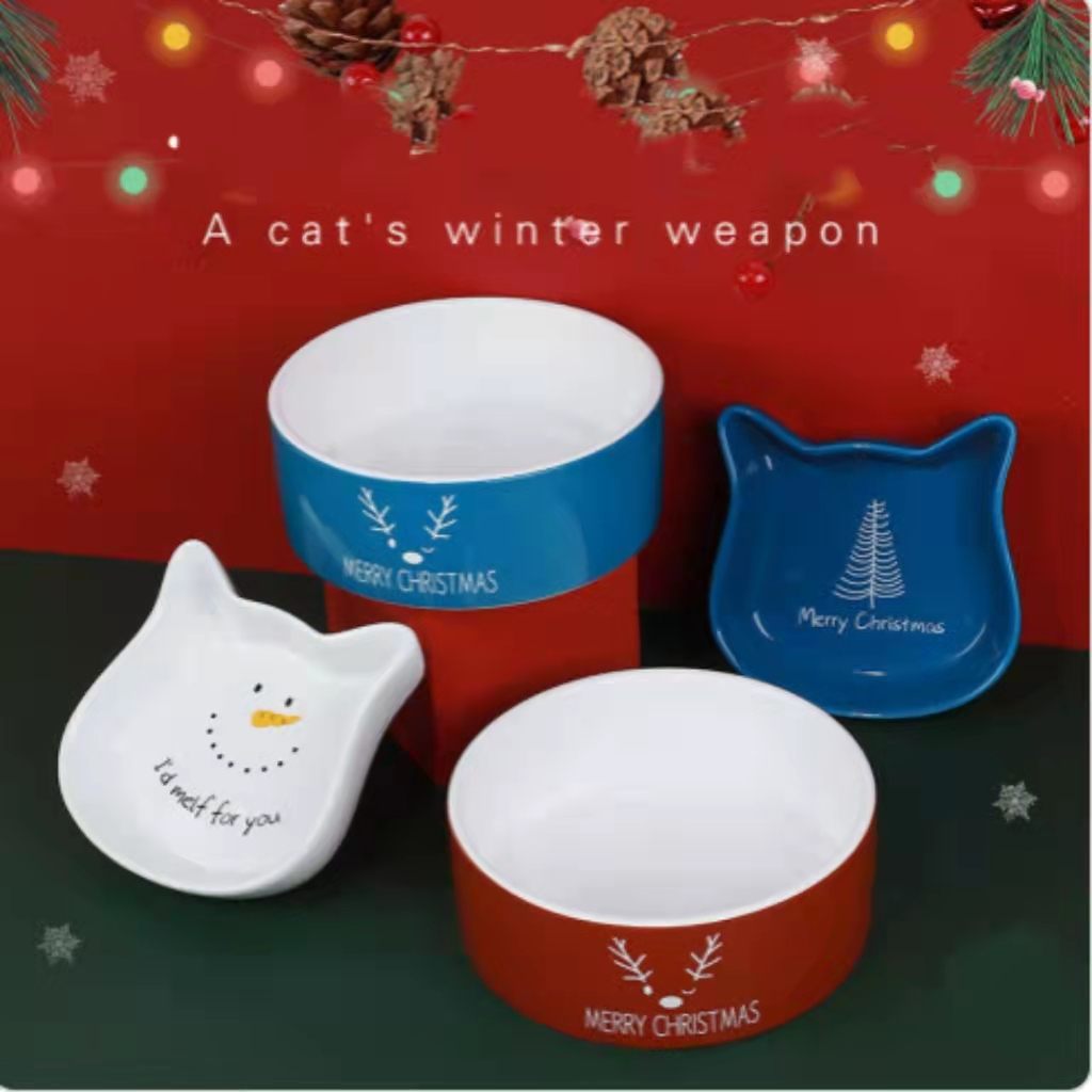 Pet Christmas Ceramic Bowl With Cat Ear Shape Cat Bowl