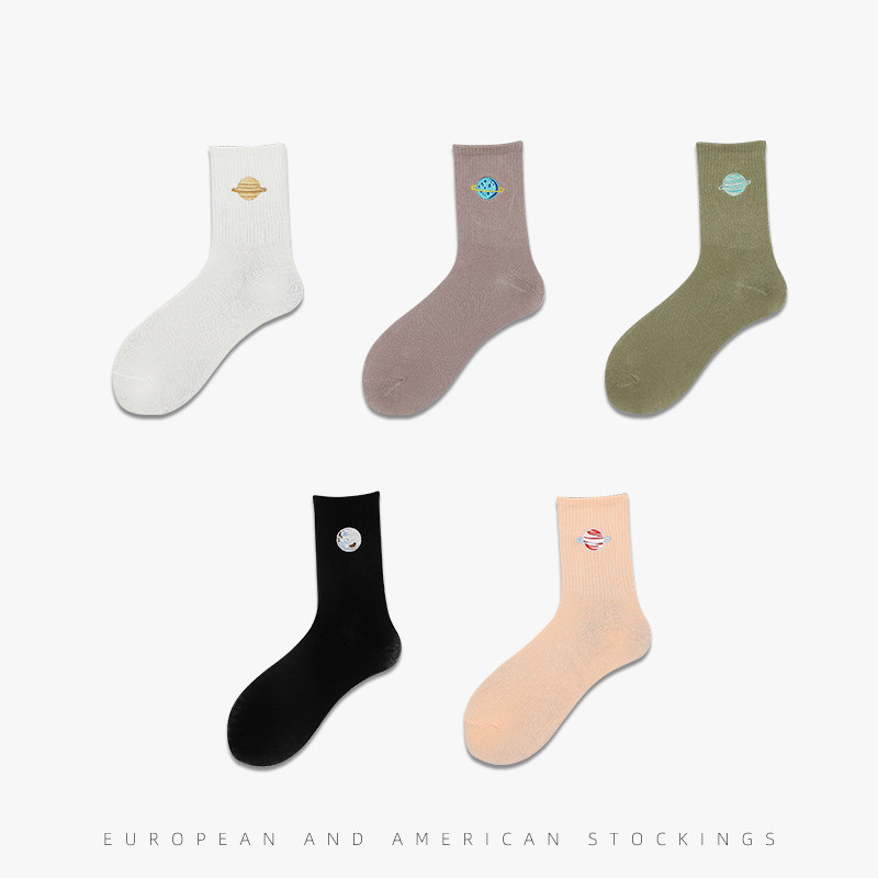 Planet Embroidered Cotton Mid Tube Women's Socks