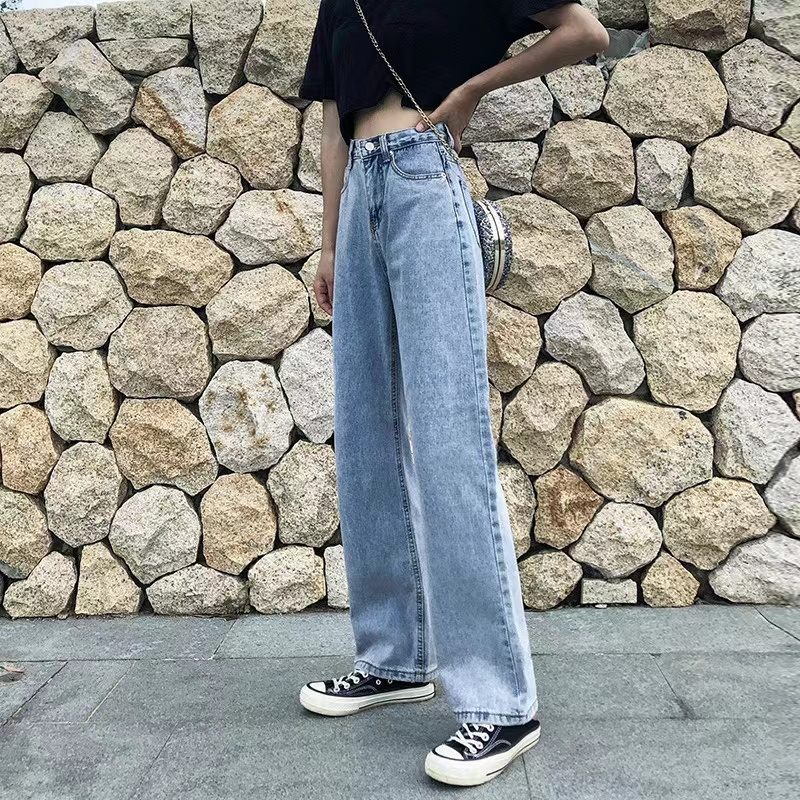 2021 New Ins Jeans Women's Light-colored High-waisted Elastic Back Waist Is Thin Mopping Pants Wide-leg Pants Denim Trousers