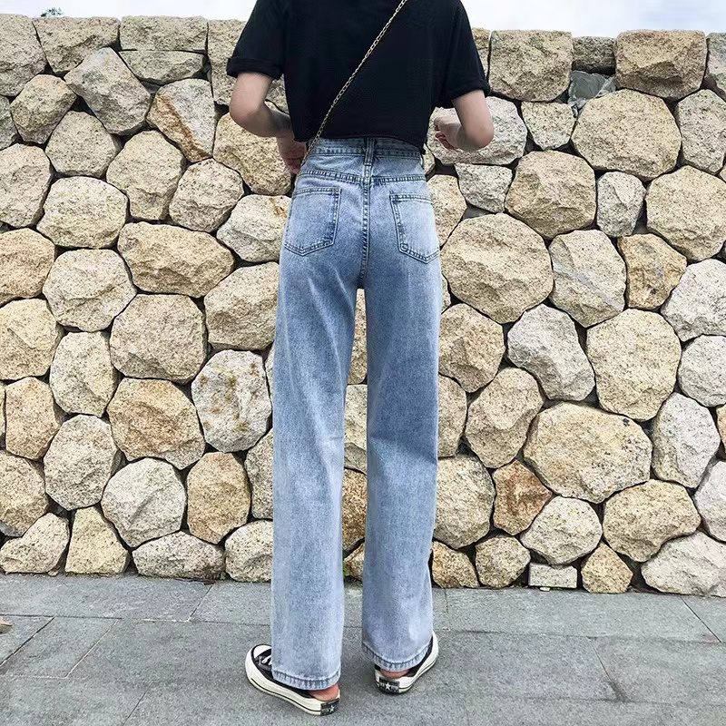 2021 New Ins Jeans Women's Light-colored High-waisted Elastic Back Waist Is Thin Mopping Pants Wide-leg Pants Denim Trousers