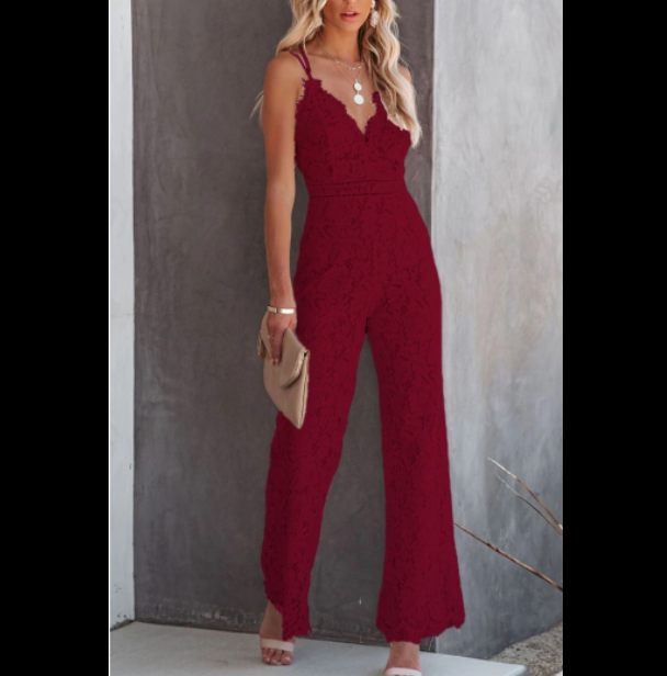 Ins New Design 2021 Summer Sexy Temperament Women's Lace Jumpsuit Mid-waist Casual Pants Smooth Lining