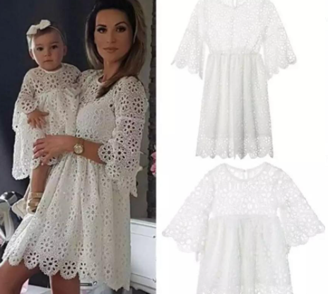 Foreign Trade Amazon AliExpress Hollow Lace Round Neck Three-quarter Sleeve Parent-child Dress Mother-daughter Dress XX0106