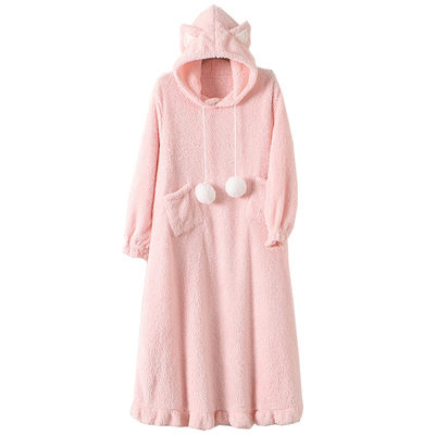 Autumn And Winter Japanese Cute Plush Cat Ears Hooded Long-sleeved Pajamas Dress Student Casual Nightdress Home Service Women