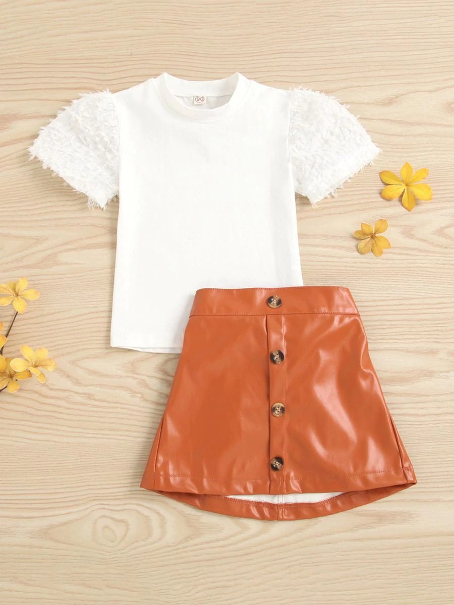 Girls Round Neck Short Sleeve Pullover Elastic Waist Leather Skirt Two Piece Set European And American Cross-border Exclusively For Children's Summer Wear