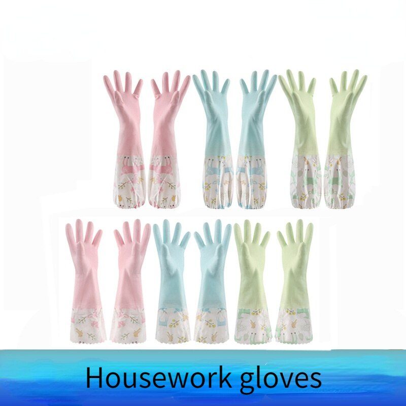 Housework Dishwashing Gloves Elastic Gloves Wide Mouth Sleeves Waterproof Rubber Gloves Plus Velvet Extended Gloves Wholesale
