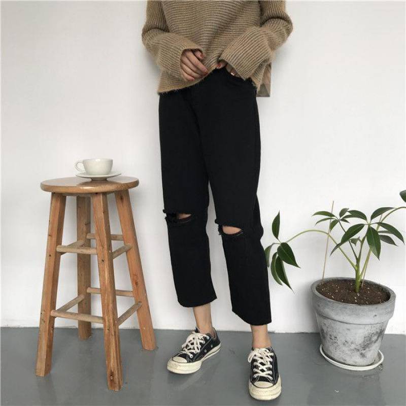 Ripped Jeans Women's Loose Nine Points Summer 2022 New Style Slim And Versatile High Waist Students Large Size Straight Pants