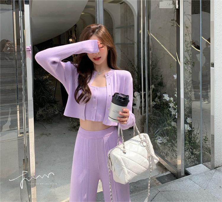Knitted Casual Suit Women's Autumn Suspenders + Small Cardigan Coat + Wide-leg Pants Women's Three-piece Purple A2128