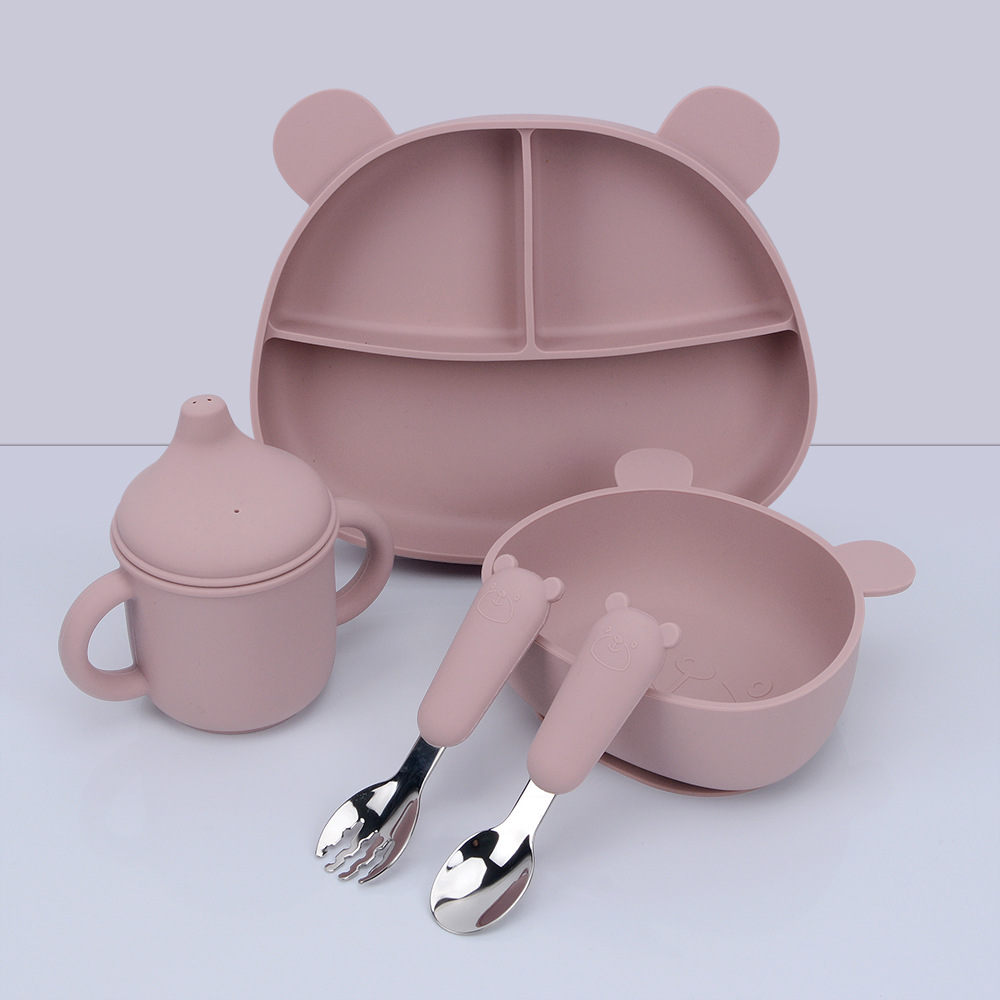New Children's Tableware Baby Complementary Food Bowl Silicone Bear Dinner Plate Baby Drinking Water Learning Cup Fork Spoon Set