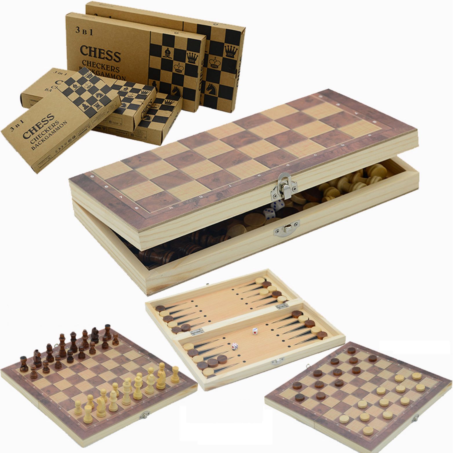 Buy quality Threeinone Wooden Chess Foldable Convenient Puzzle Chess