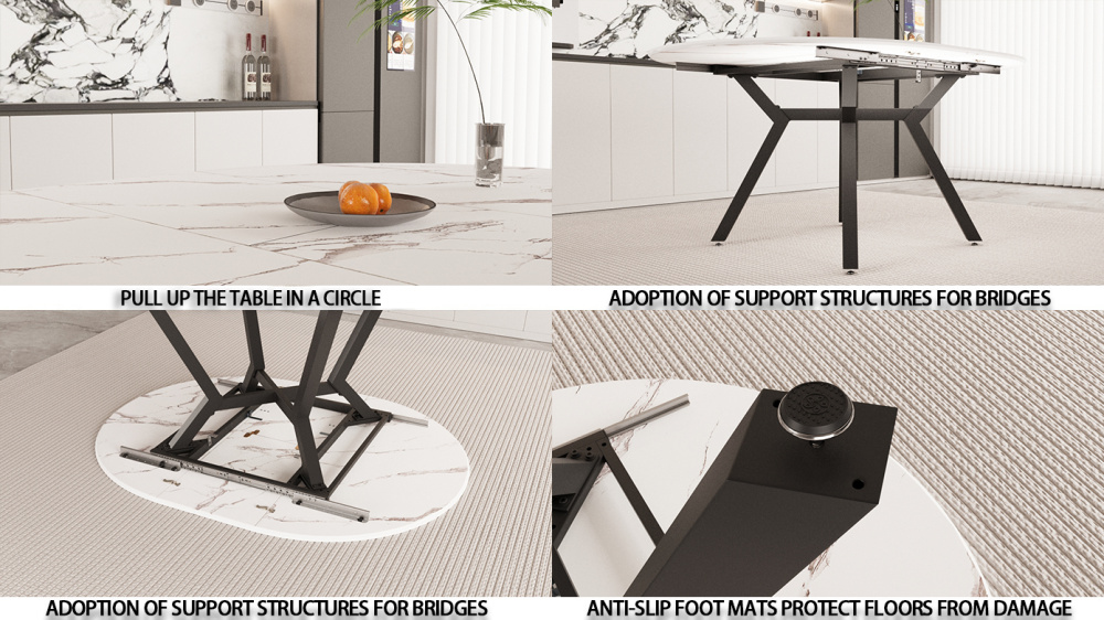 47-63 " extendable white circular dining table, 4-6 person kitchen dining table, modern coffee table with MDF tabletop and metal legs, suitable for kitchen&home 2 5c77c3d0d8fb8ba0e54934452ee27db3