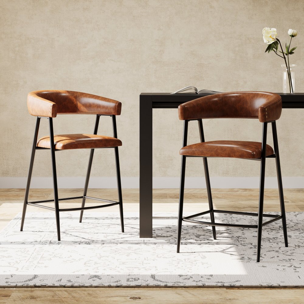 26'' Counter Stools Set of 2, Pu Upholstered Counter Stools with iron Frame, Backrest, Footrest, Arm counter stools for Home Bar, Kitchen Counter, Brown 1 ba4c9dd266d72ad1150d3a7425628423