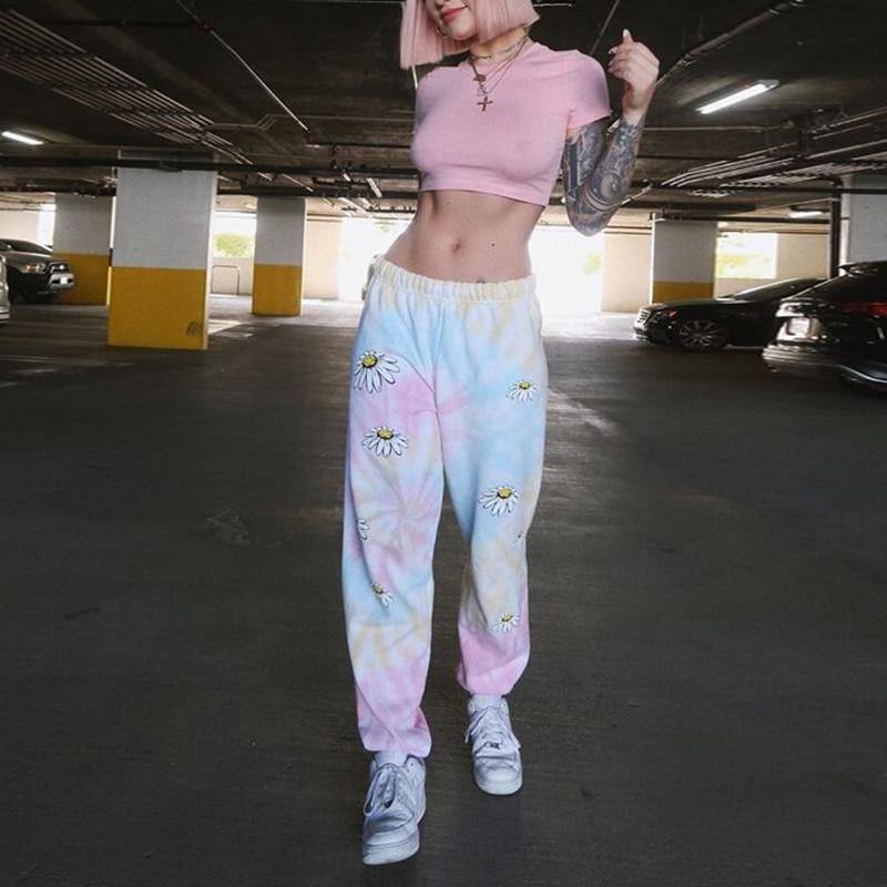 Street style tie-dye rainbow color elasticated high-waisted casual trousers and trousers