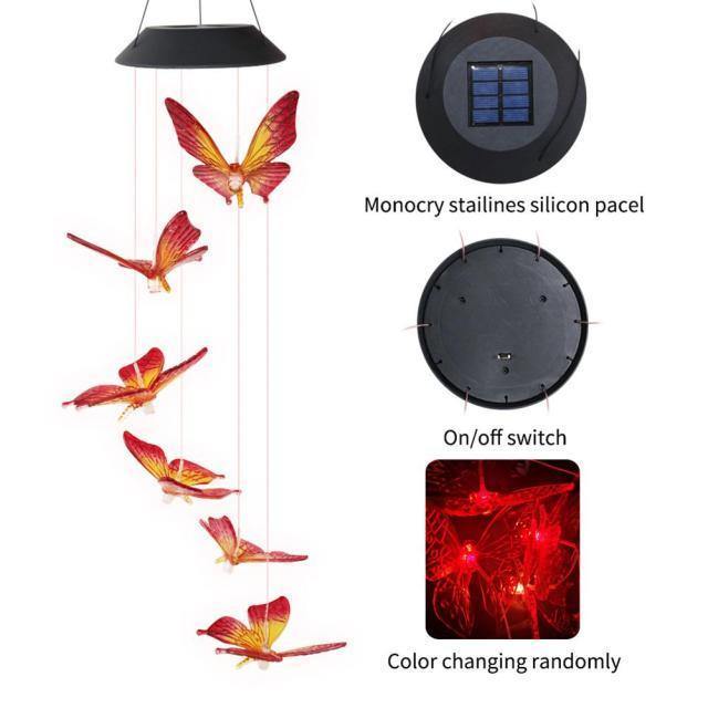6 LED Solar Wind Chime Colorful Gleamy Butterfly Light