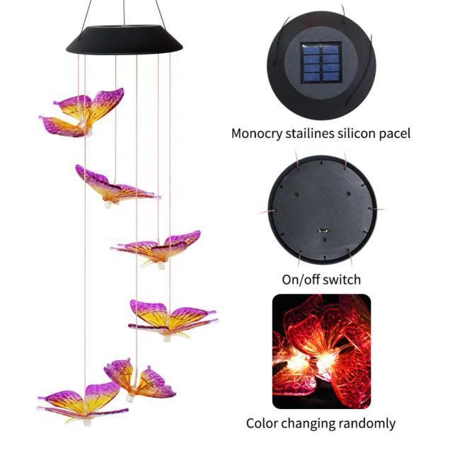 6 LED Solar Wind Chime Colorful Gleamy Butterfly Light