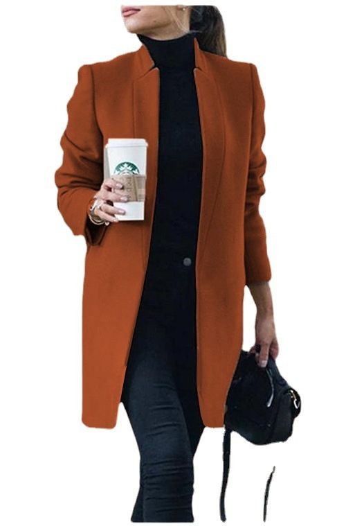 Ladies fashion solid color slim-fit stand-collar woolen coat