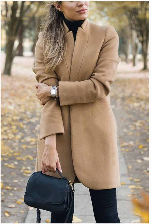 Ladies fashion solid color slim-fit stand-collar woolen coat