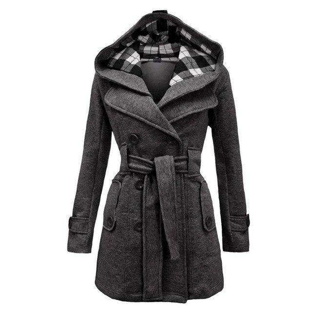 Ladies Check Hooded Wool Coat Belt Double Breasted Long Coat