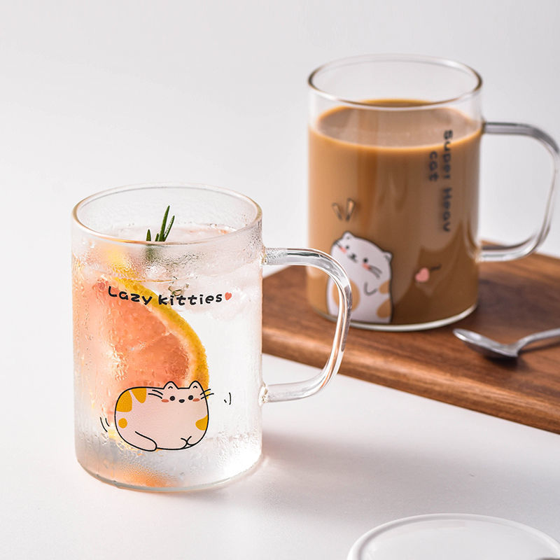 Cartoon mug with lid spoon household transparent water cup coffee cup