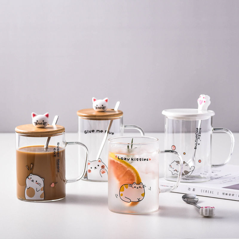 Cartoon mug with lid spoon household transparent water cup coffee cup