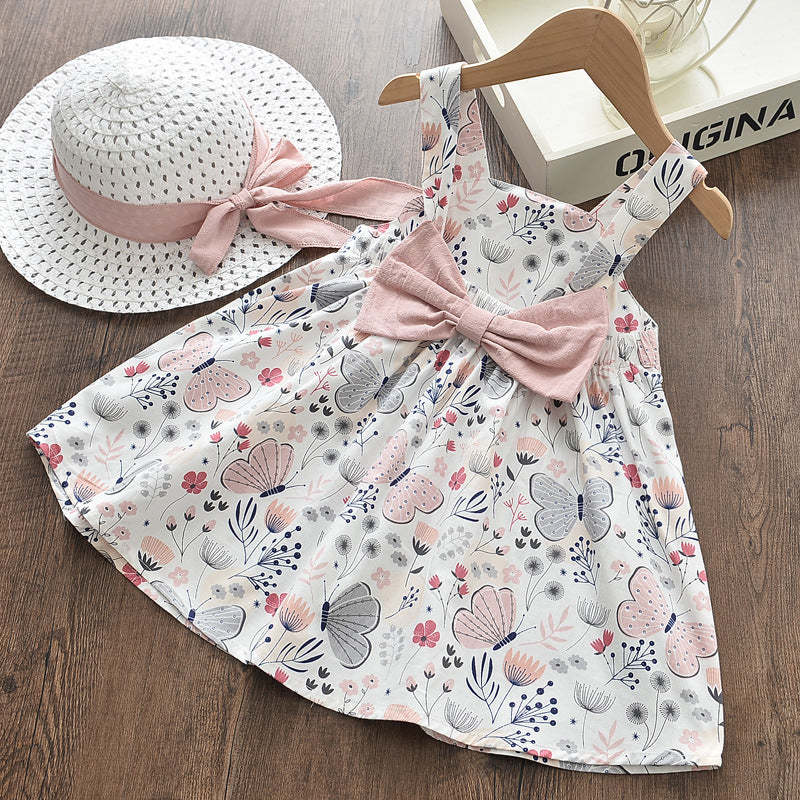 Printed Cotton Dress For Infant Girls+Hat 2PC Set