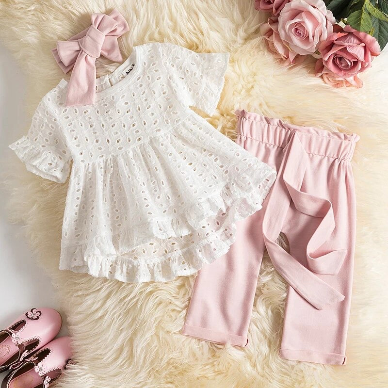 New Summer Girls' Suits With Temperamental Hollow Tops +Pants+Headband 3PC Set Outfit