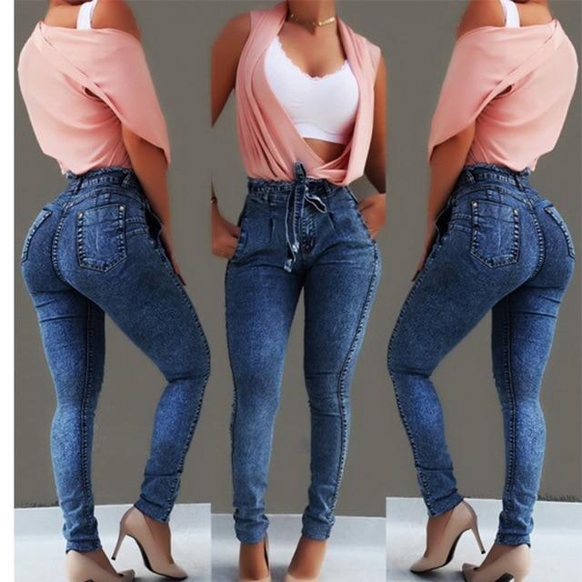 women's slim fit elastic fringed belt high waist jeans