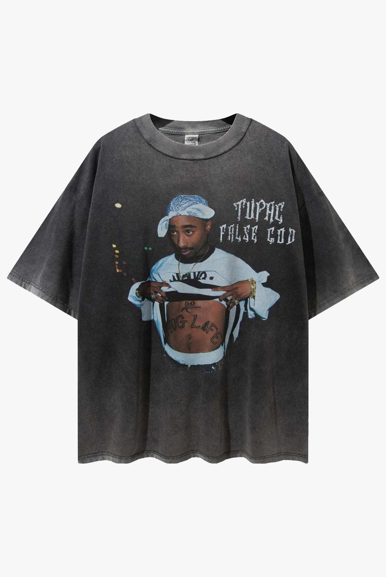 wash water retro short sleeve 2PAC rapper portrait printed hip hop T-shirt trend